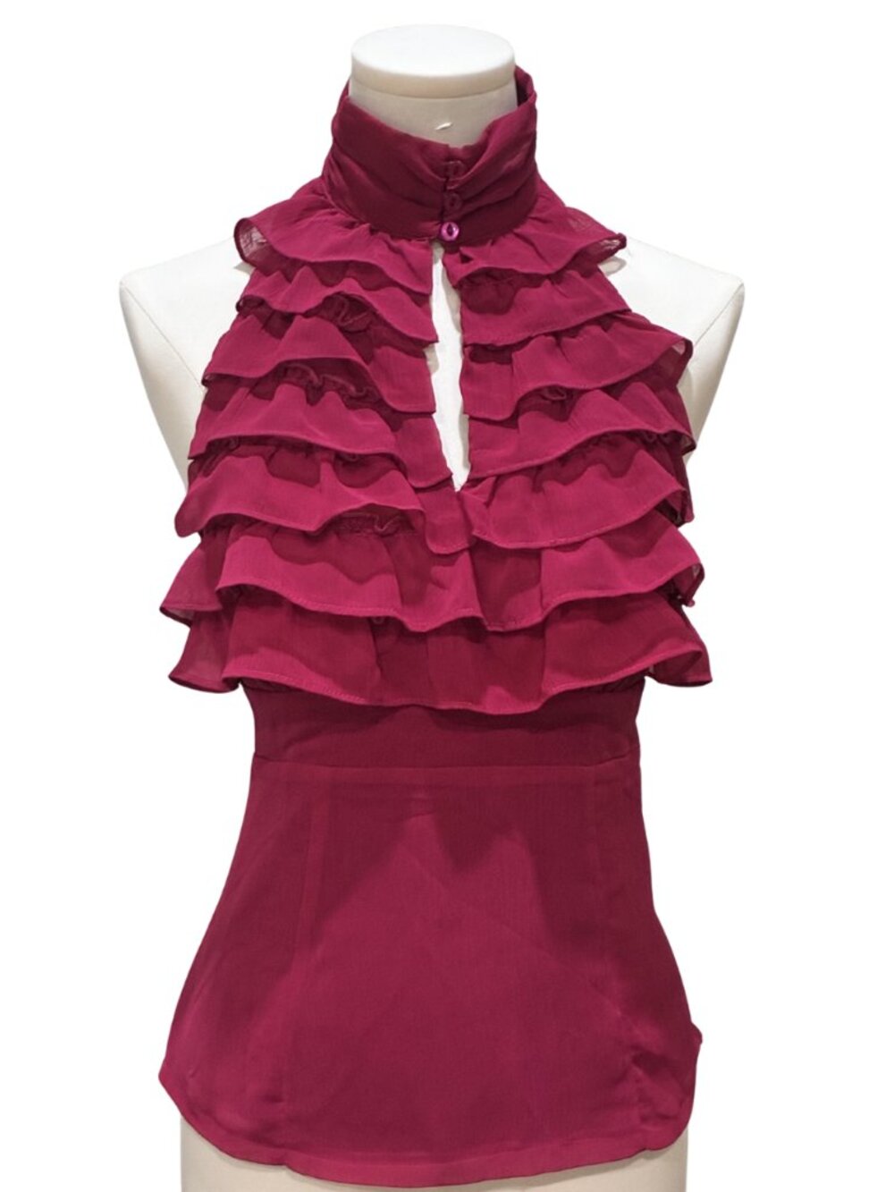 Vintage Y2K Magenta Pink Tiered Ruffle Silk Halter Top High Neck Keyhole Blouse